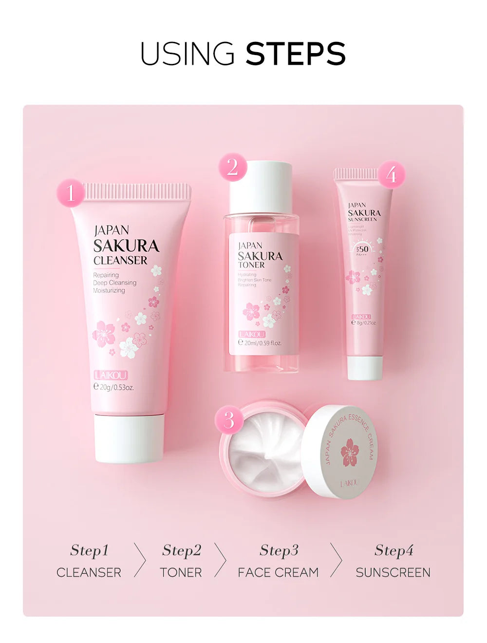 Sakura Skin Care Set - Facial Cleanser, Cream, Serum, Toner - Moisturizing Kit