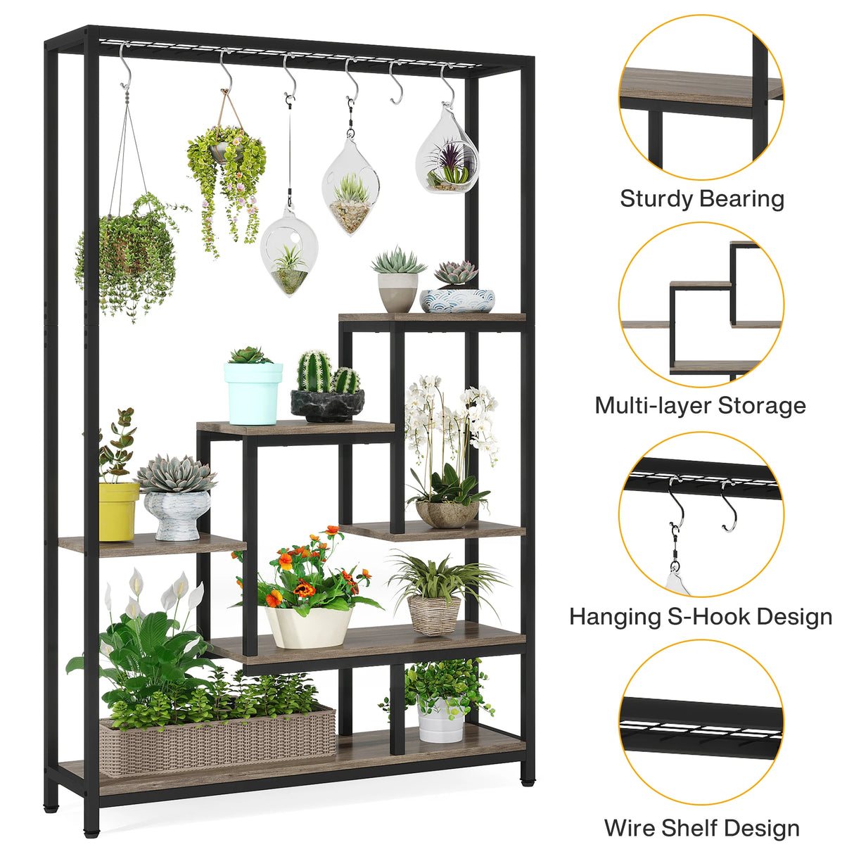 Tribesigns 5-Tier Tall Indoor Plant Stand with 10 Hanging Hooks, 70.9 Inches
