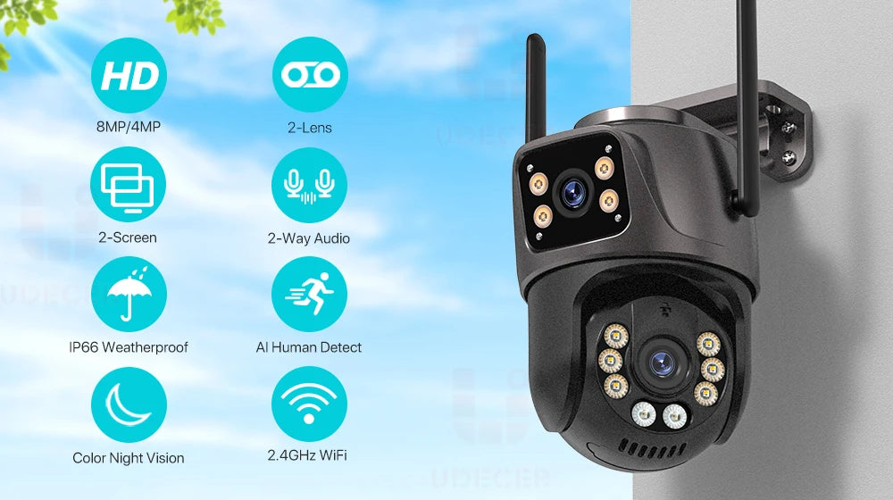 4K HD Wifi PTZ Camera 8MP Dual Lens Outdoor AI Auto Tracking Surveillance
