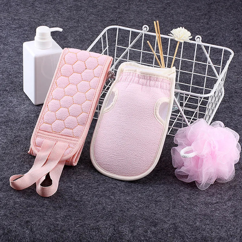 Exfoliating Bath Set 3pcs - Loofah Sponge, Bath Glove & Washcloth Towel