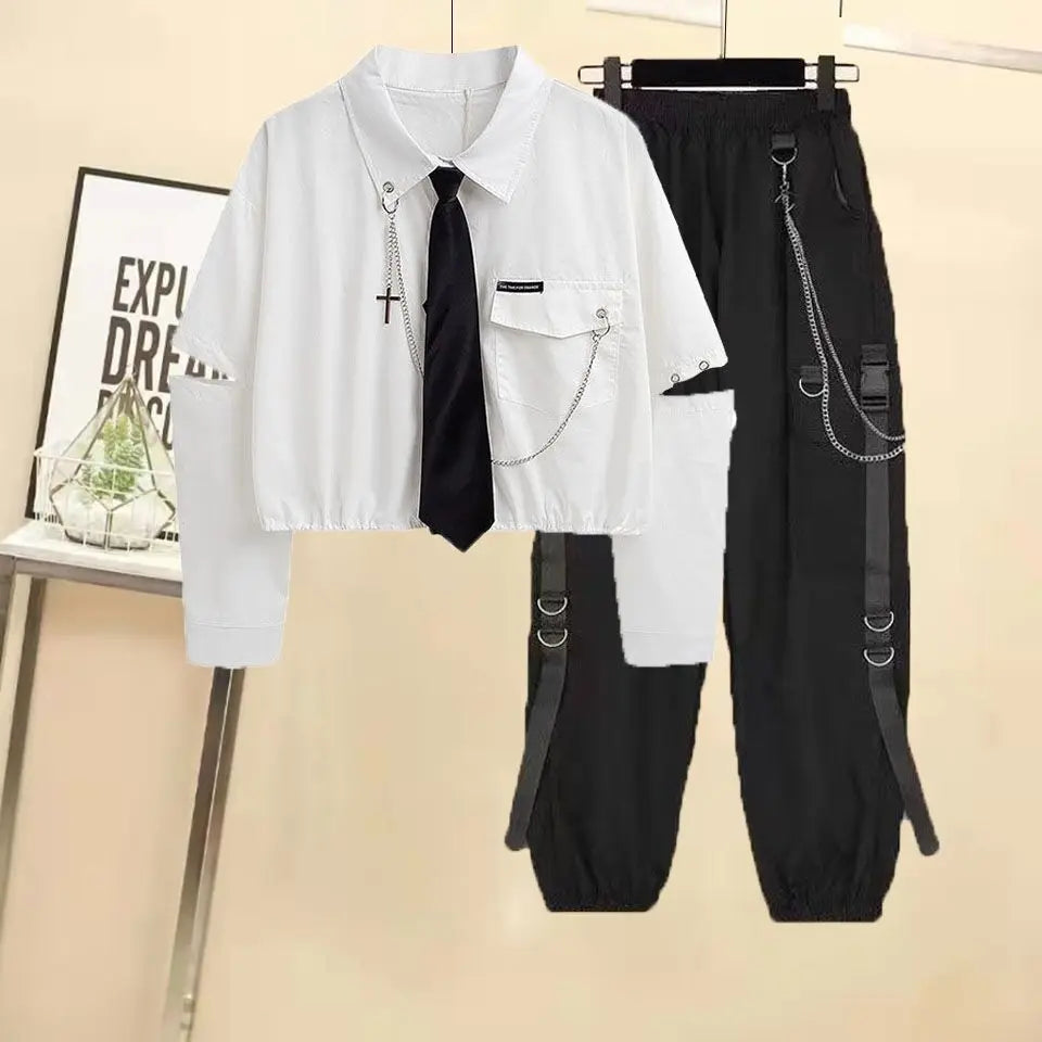 Gender Neutral High Waist Black Cargo & Cropped Shirt Set - Unisex Outfit