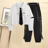 Gender Neutral High Waist Black Cargo & Cropped Shirt Set - Unisex Outfit