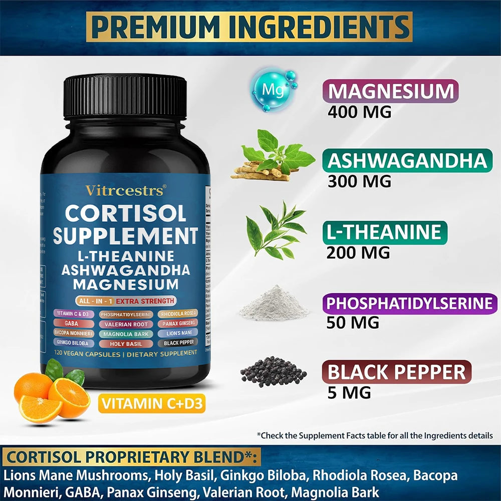 Cortisol Support Supplement with Magnesium, 60 Capsules for Daily Use