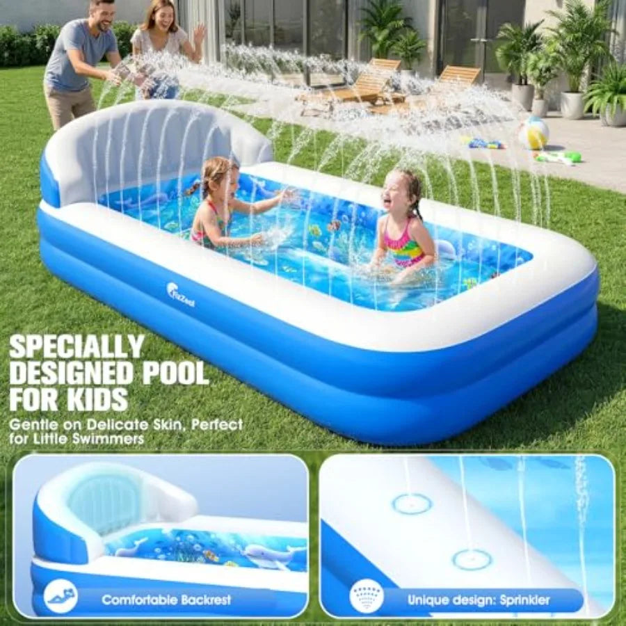 Inflatable Kids Swimming Pool with Sprinkler and Backrest, Blue & Yellow