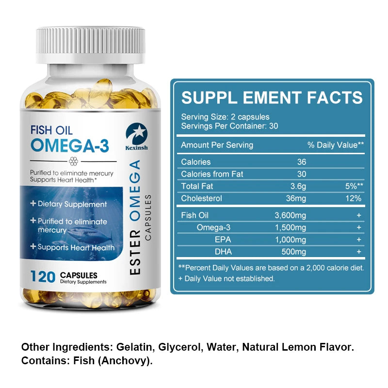 Omega-3 Fish Oil Capsules 3600mg - 120 Counts for Heart & Brain Health