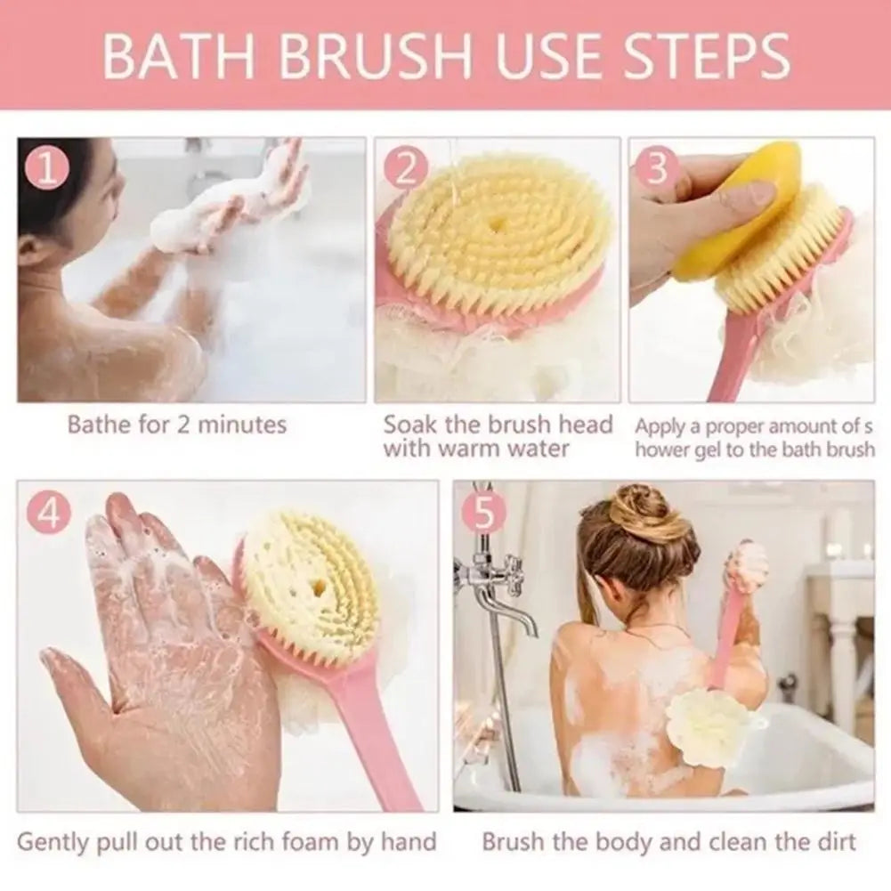 Two-Sided Silicone Shower Body Brush with Long Handle for Exfoliating
