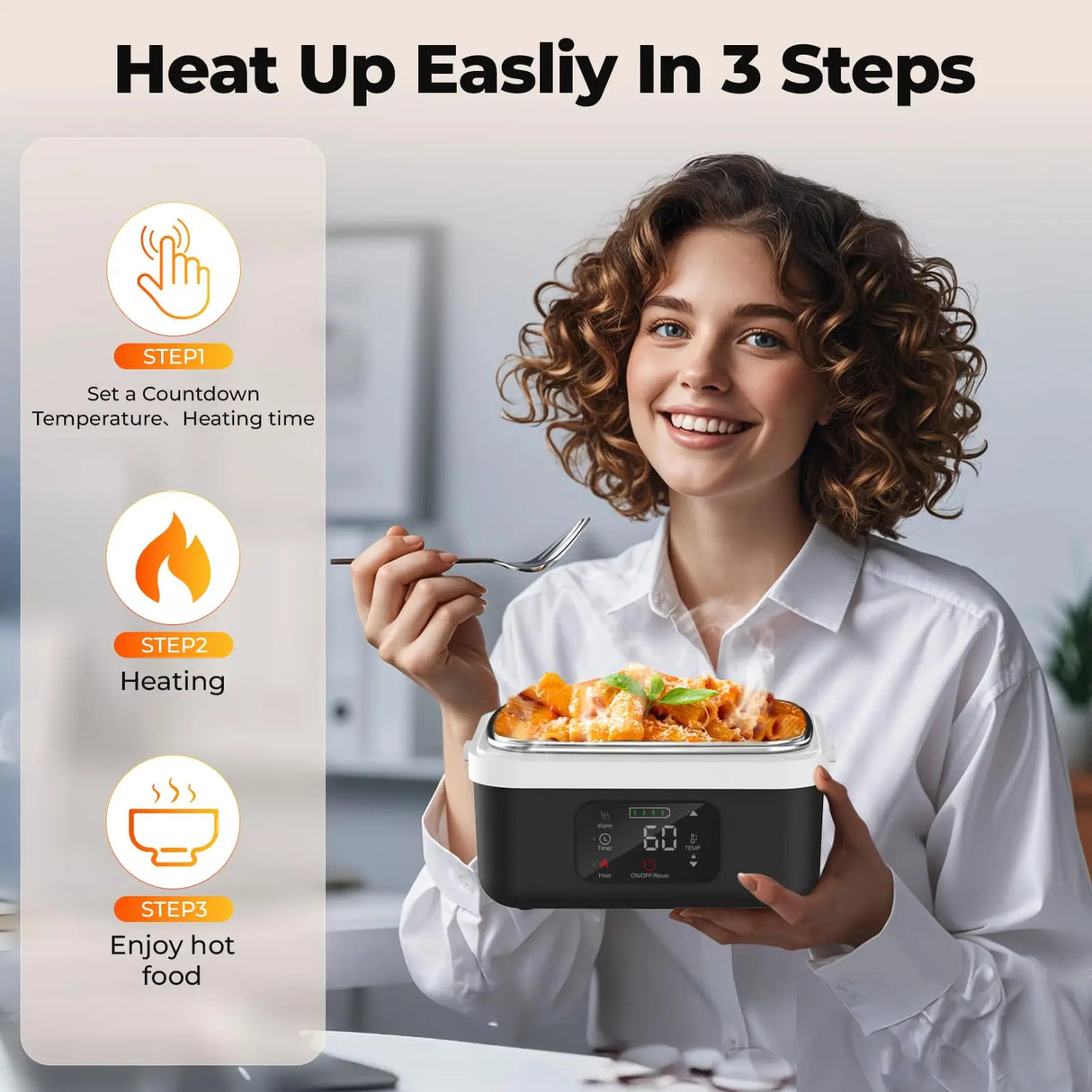 Electric Insulated Lunch Box with 8000mAh Battery, 60W Heating, 1L Capacity