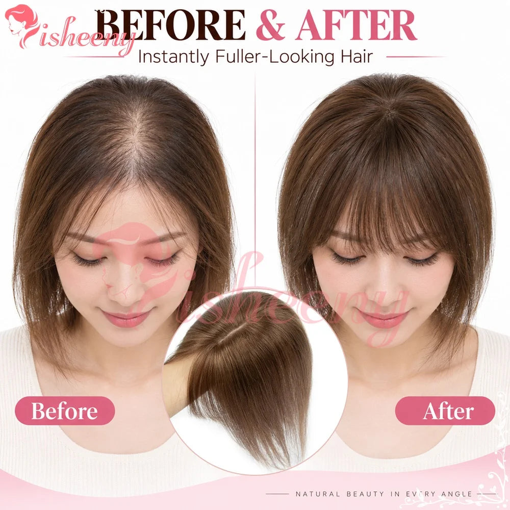 Human Hair Topper with Bangs, 10 Inch Clip-In Hairpiece, 5x9cm Base