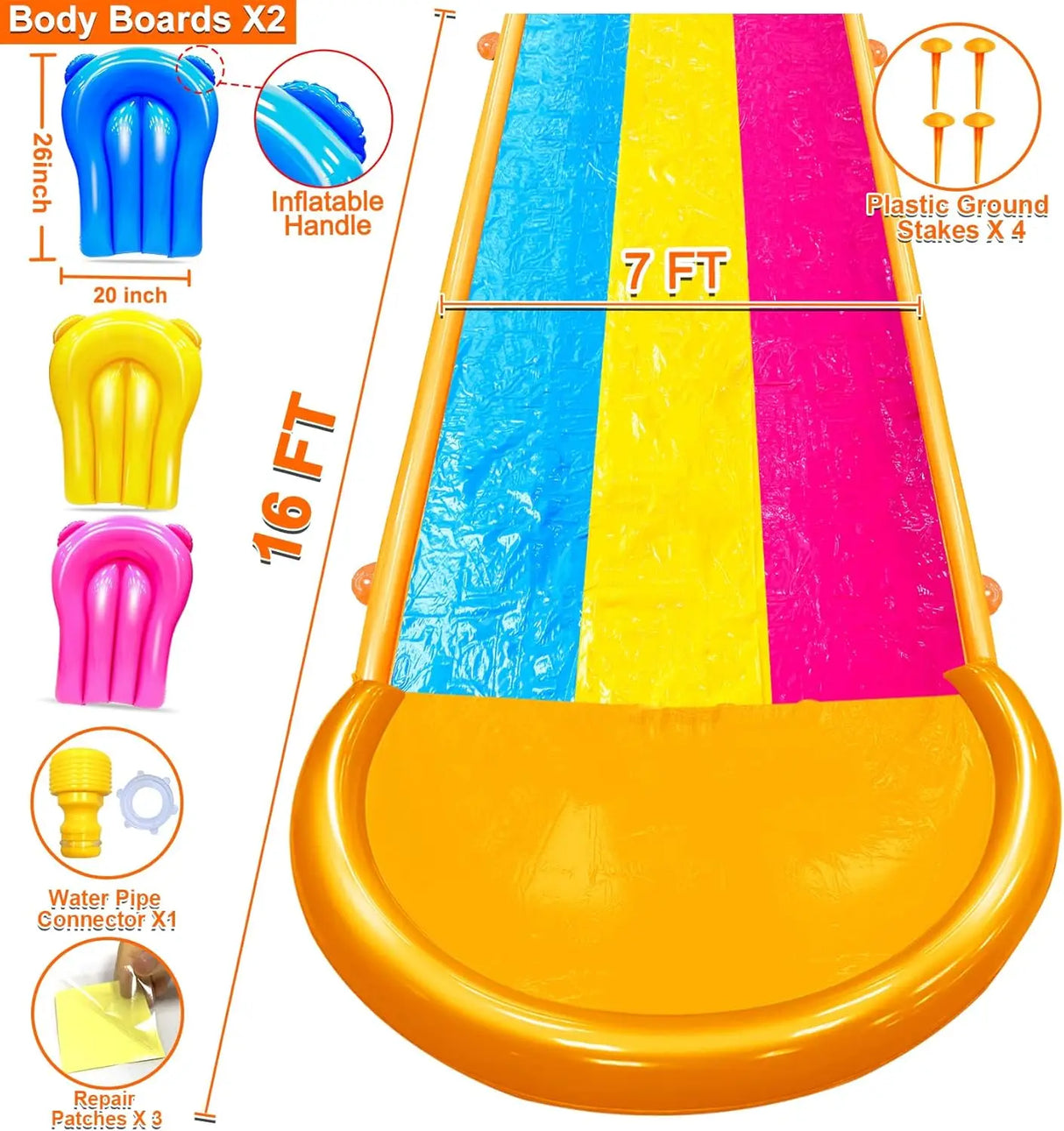 Extra Width Triple Slip Water Slide with 3-Way Sprinklers and 3 Bodyboards