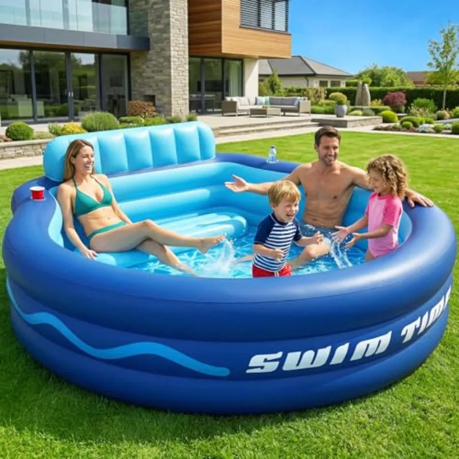 Inflatable Pool with Seats & Headrest, Oversized 90x90x20, Durable PVC