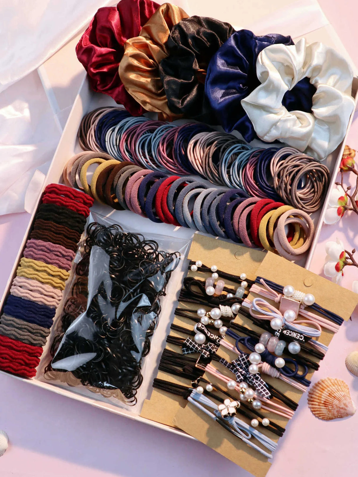 1085PCS Dark Hair Accessories Set - Seamless Ponytail Holders & Scrunchies
