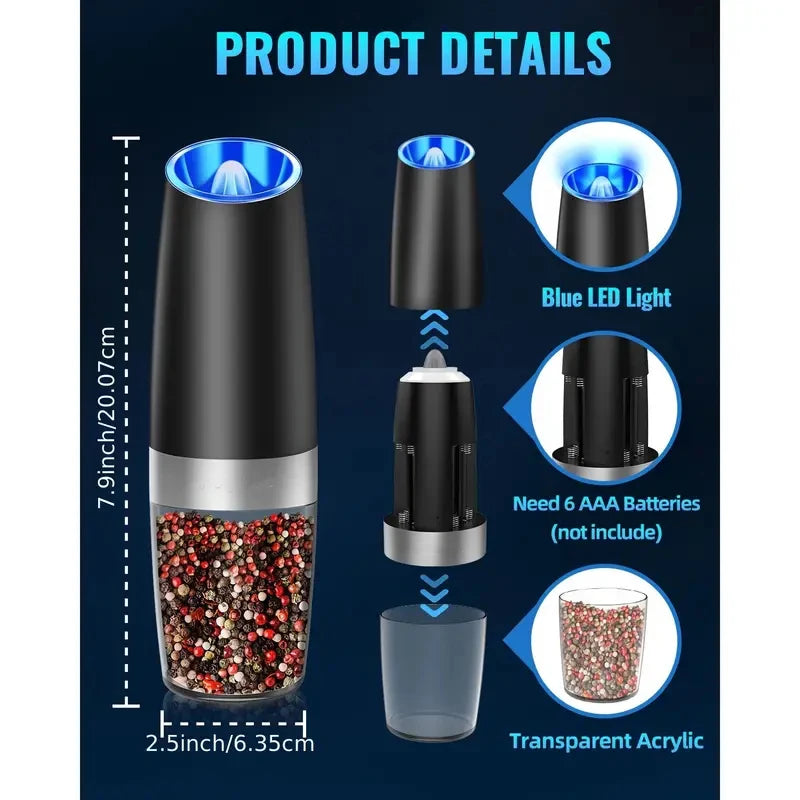 Gravity Electric Salt and Pepper Mill, Battery Powered, Adjustable Coarseness