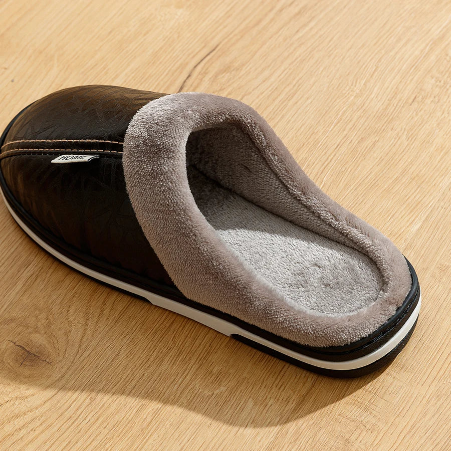 Men's Waterproof PU Leather Slippers - Large Size Indoor Home Shoes