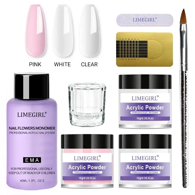 Acrylic Powder & Liquid Monomer Nail Art Kit - 3D Decoration Tools
