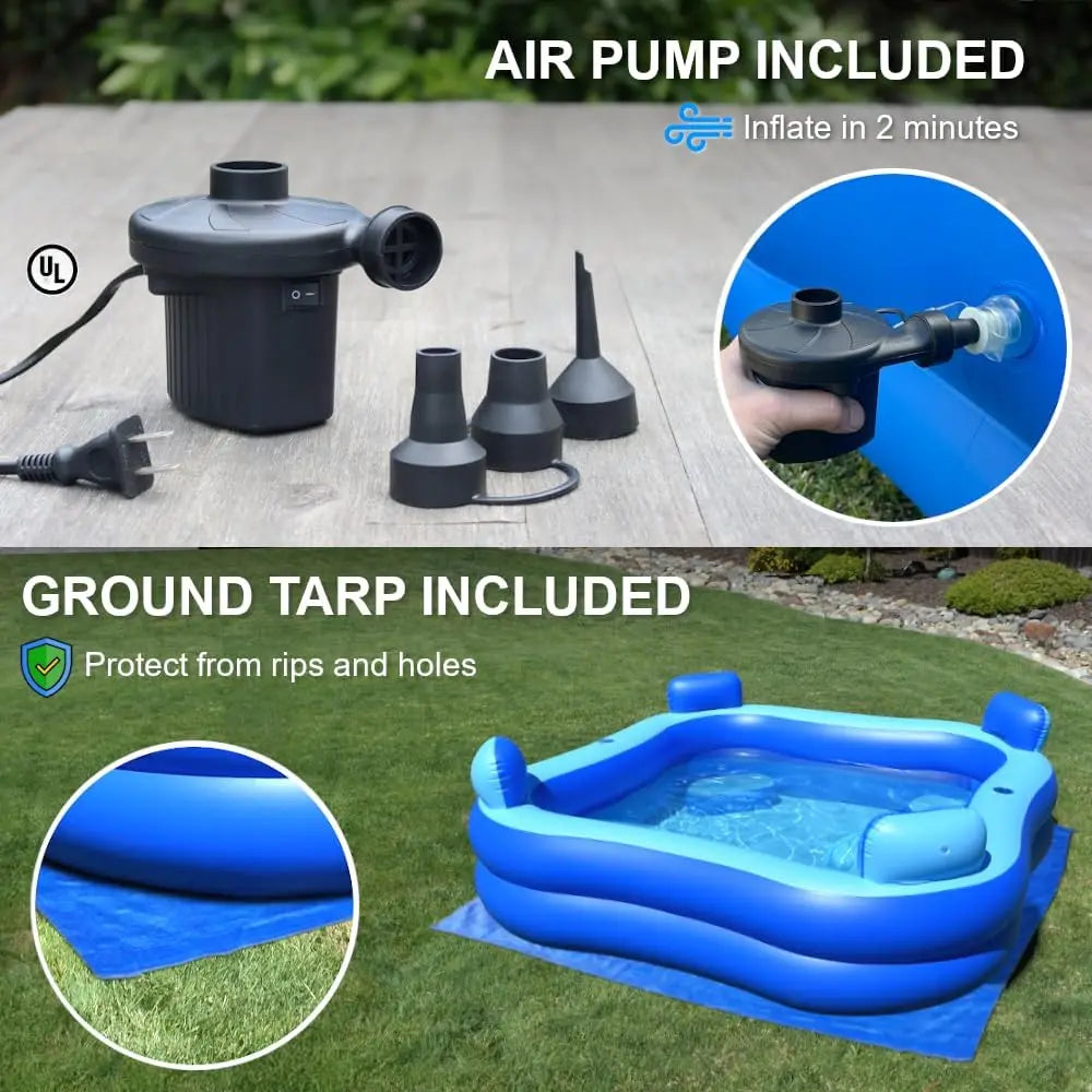 Inflatable Pool with Seats and Headrests, 8ft x 8ft, Electric Pump Included