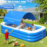 Inflatable Pool with Canopy, Large Blow Up Pool for Backyard Use