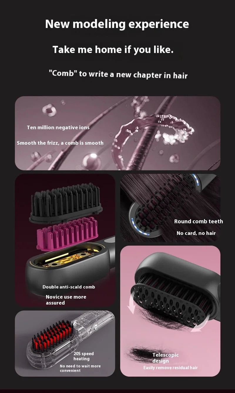 Wireless Hair Straightener Comb with Negative Ion Technology - Rechargeable