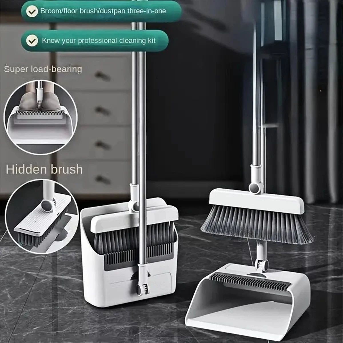 3-in-1 Long-Handled Broom and Dustpan Set for Home Office School Dorm