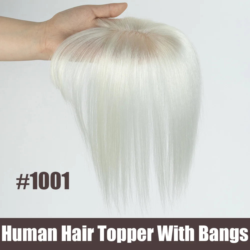 Gray Hair Toppers with Bangs for Women, Clip-in Human Hair, 5x9cm