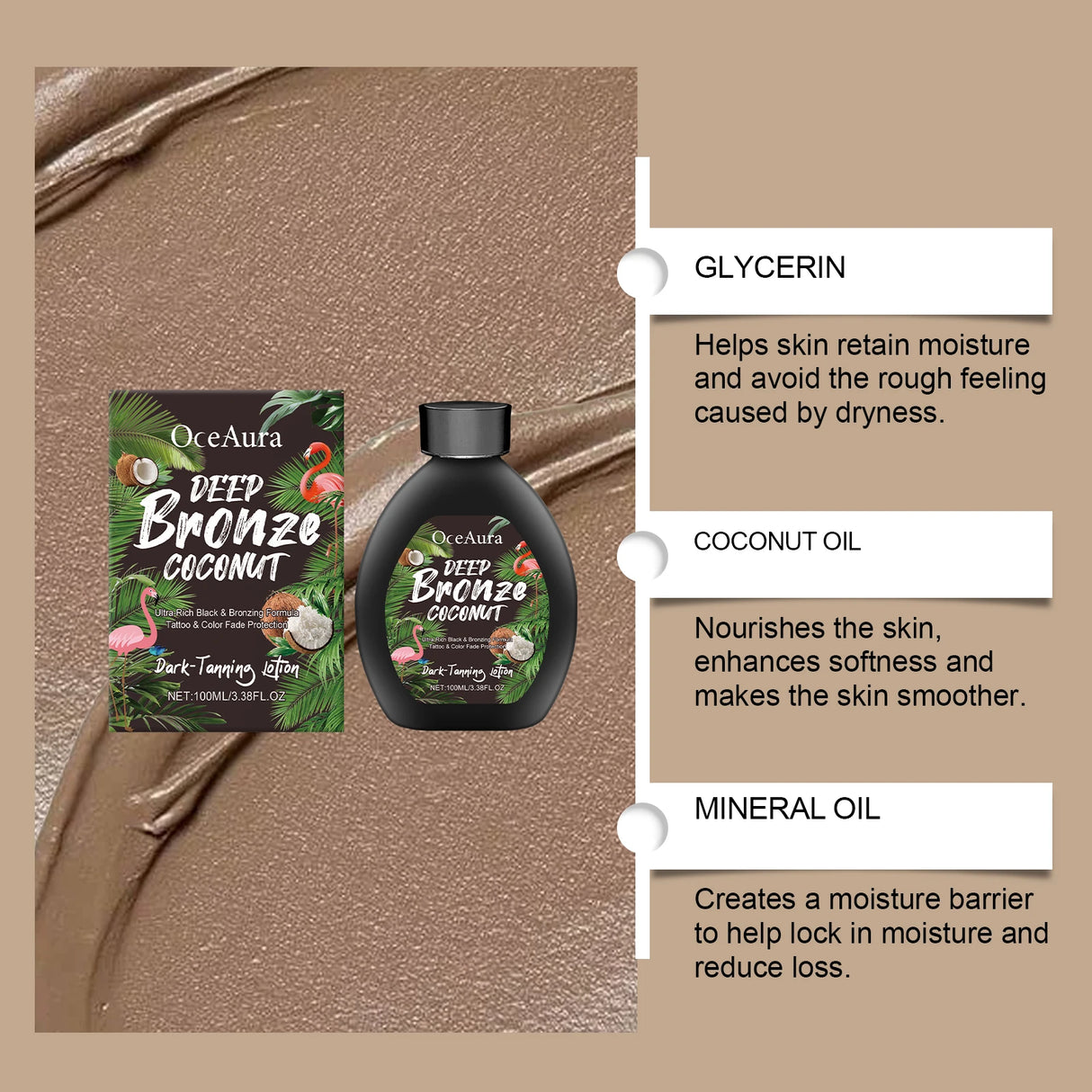 Coconut Oil Tanning Lotion Moisturizer for Deep Bronze Glow 8oz
