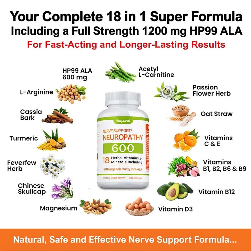 Neuropathy Support Supplement 600mg - Nervous System & Brain Function Aid