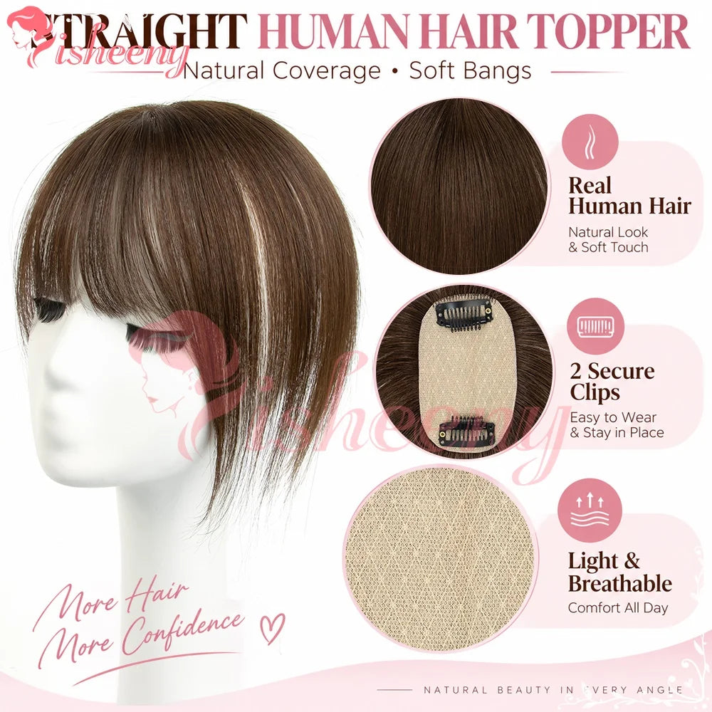 Human Hair Topper with Bangs, 10 Inch Clip-In Hairpiece, 5x9cm Base