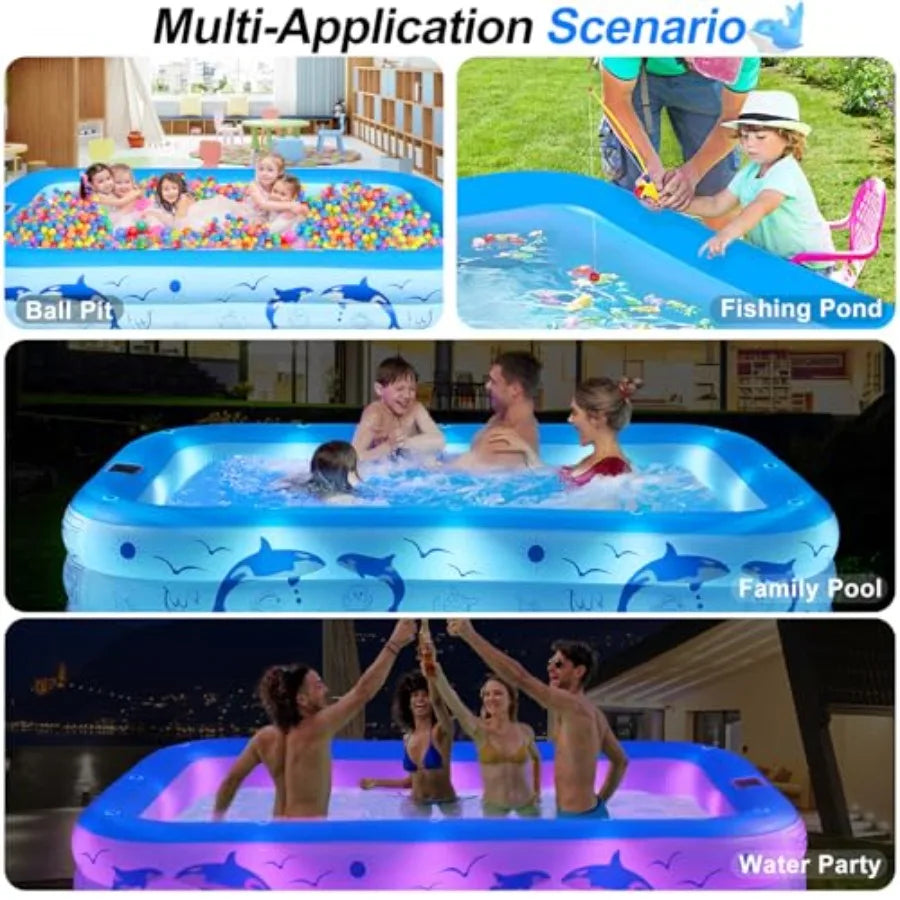Inflatable Family Pool 100x63x20 PVC Thickened with Solar Lights
