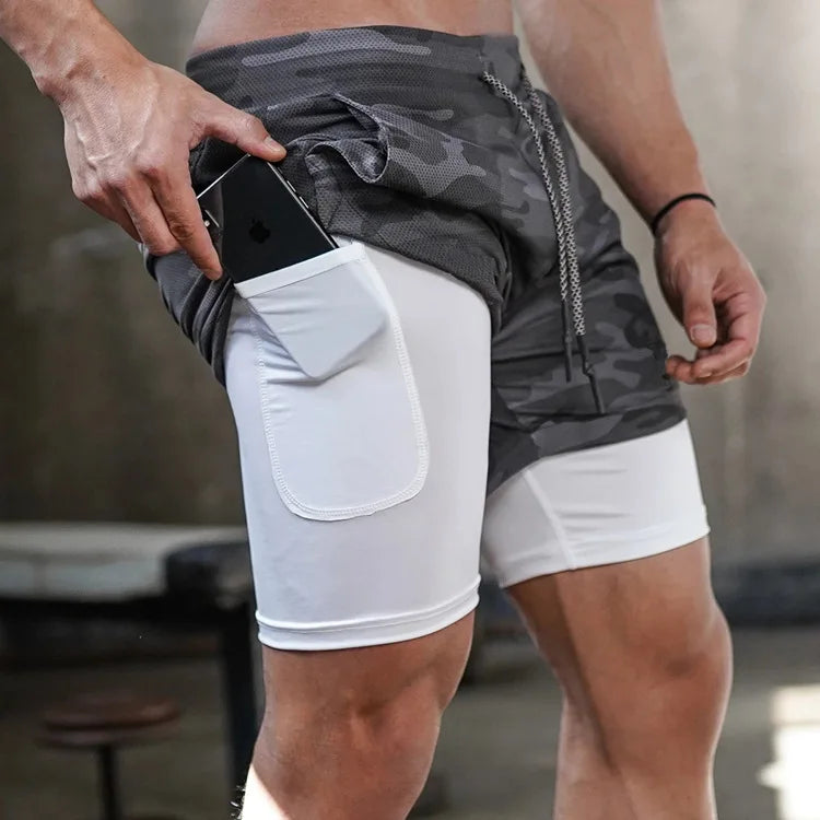 Camo Running Shorts Men 2-in-1 Quick Dry Gym Fitness Summer Workout