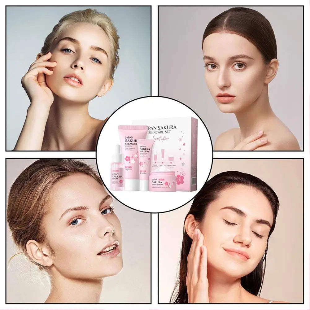 Sakura Skin Care Set with Cleanser, Serum, Eye Cream - Travel Kit for Women