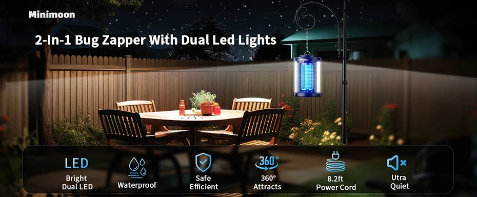 Minimoon Outdoor Mosquito Zapper with Dual LED Light, 15W Electric Trap