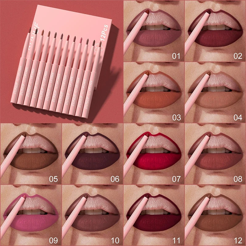 Matte Lip Liner Pencil Set 12 Colors Waterproof Highly Pigmented Makeup