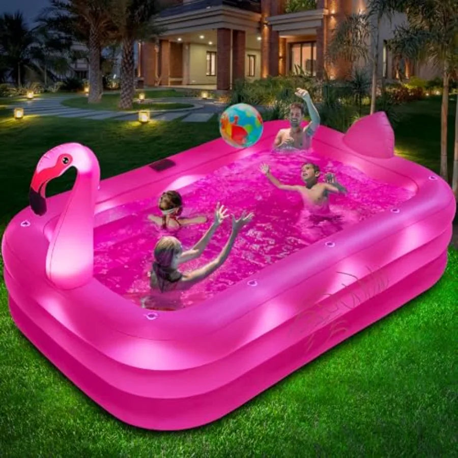 Inflatable Pool with Lights for Backyard Outdoor Use, Bright Pink 100x63x20
