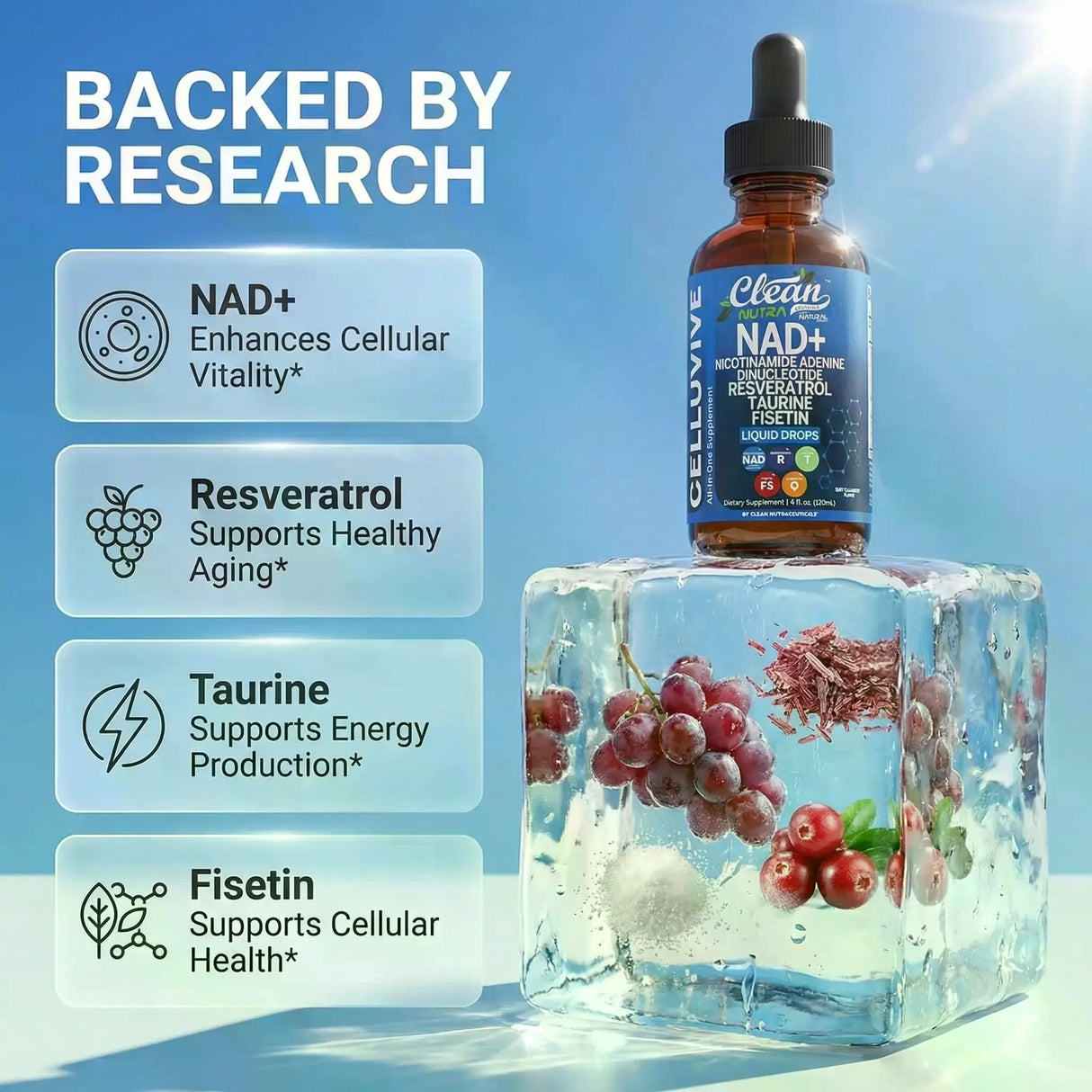 Clean Nutra NAD+ Liquid Drops with Resveratrol and Taurine, 15ml