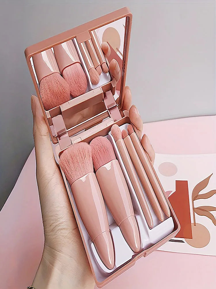 Portable Makeup Brush Set 5Pcs with Mirror - Travel Kit