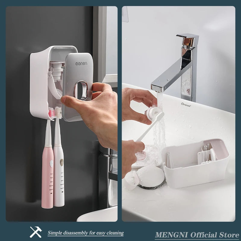 Automatic Toothpaste Dispenser Wall-Mounted Squeezer Toothbrush Holder Rack