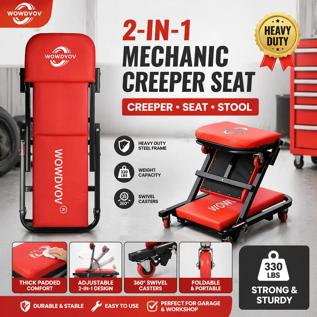 Heavy Duty Mechanic Creeper Seat with Wheels, 330lbs Capacity, Adjustable