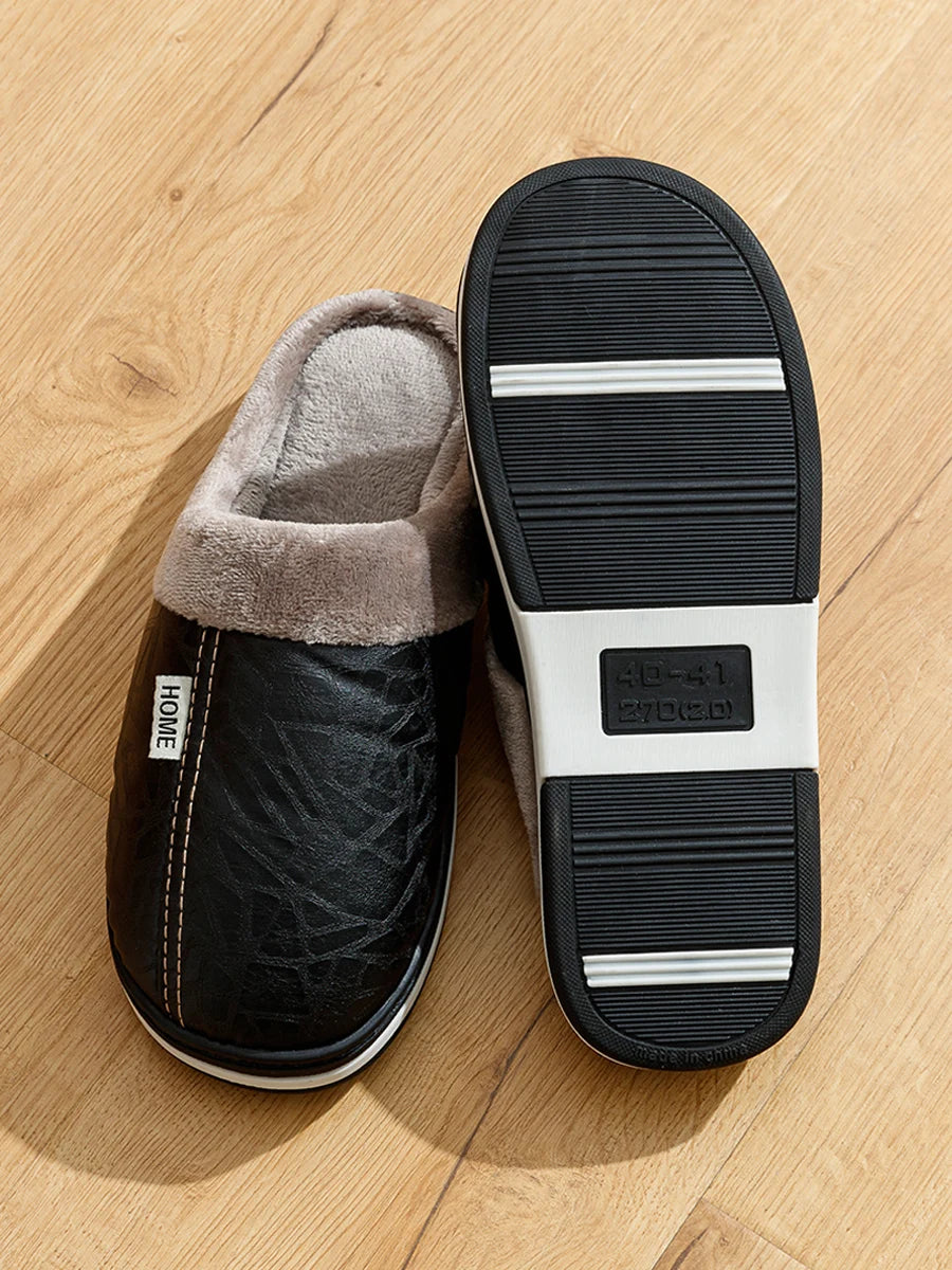 Men's Waterproof PU Leather Slippers - Large Size Indoor Home Shoes