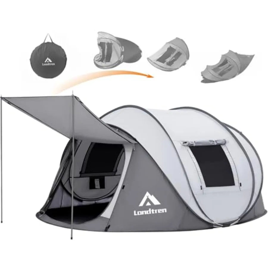 4 Person Pop Up Tent for Camping and Hiking, Waterproof Polyester, Gray/Black