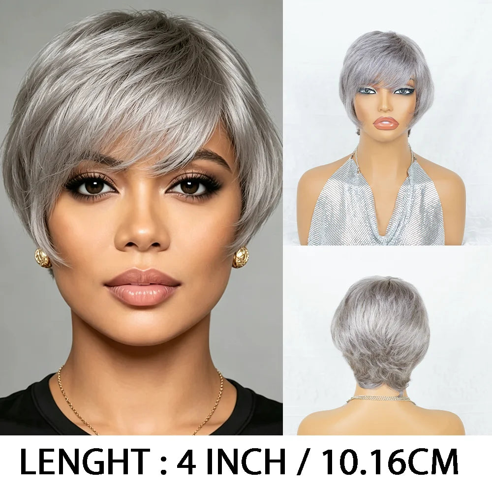 Short Gray Human Hair Wig - Straight Pixie Cut with Comfort Fit Cap