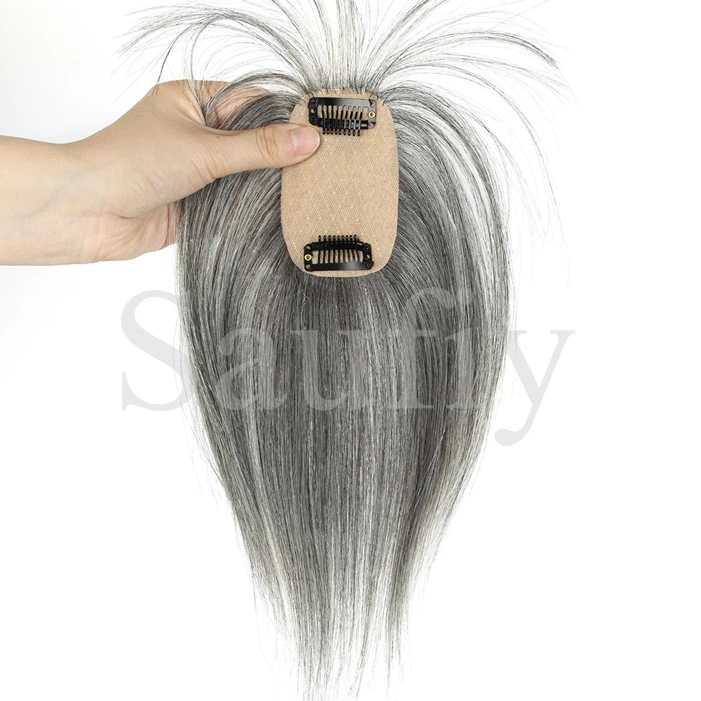 Gray Hair Toppers with Bangs for Women, Clip-in Human Hair, 5x9cm