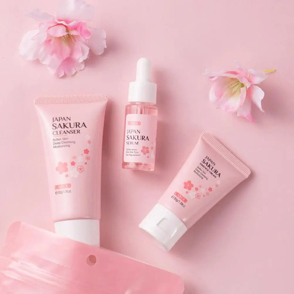 Sakura Skin Care Set with Cleanser, Serum, Eye Cream, Facial Cream - Travel Kit
