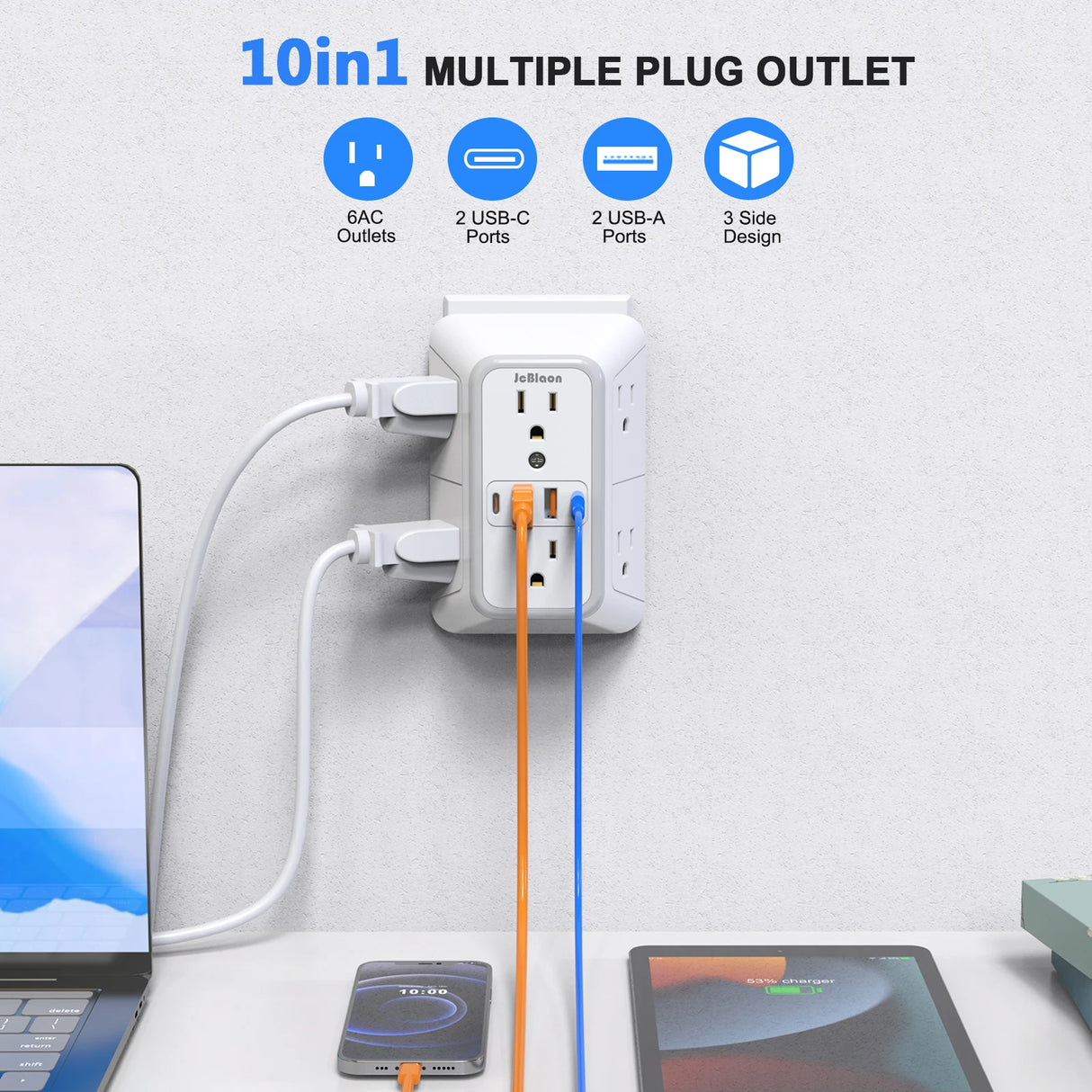 Power Strip with 6 AC Outlets & 4 USB Ports, Multi Socket Fast Charging