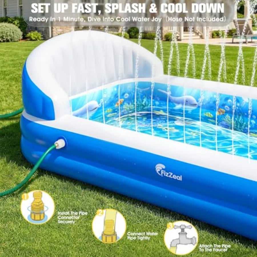 Inflatable Kids Swimming Pool with Sprinkler and Backrest, Blue & Yellow