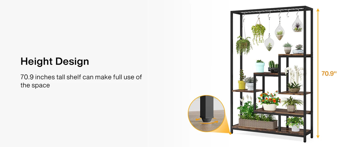 Tribesigns 5-Tier Tall Indoor Plant Stand with 10 Hanging Hooks, 70.9 Inches