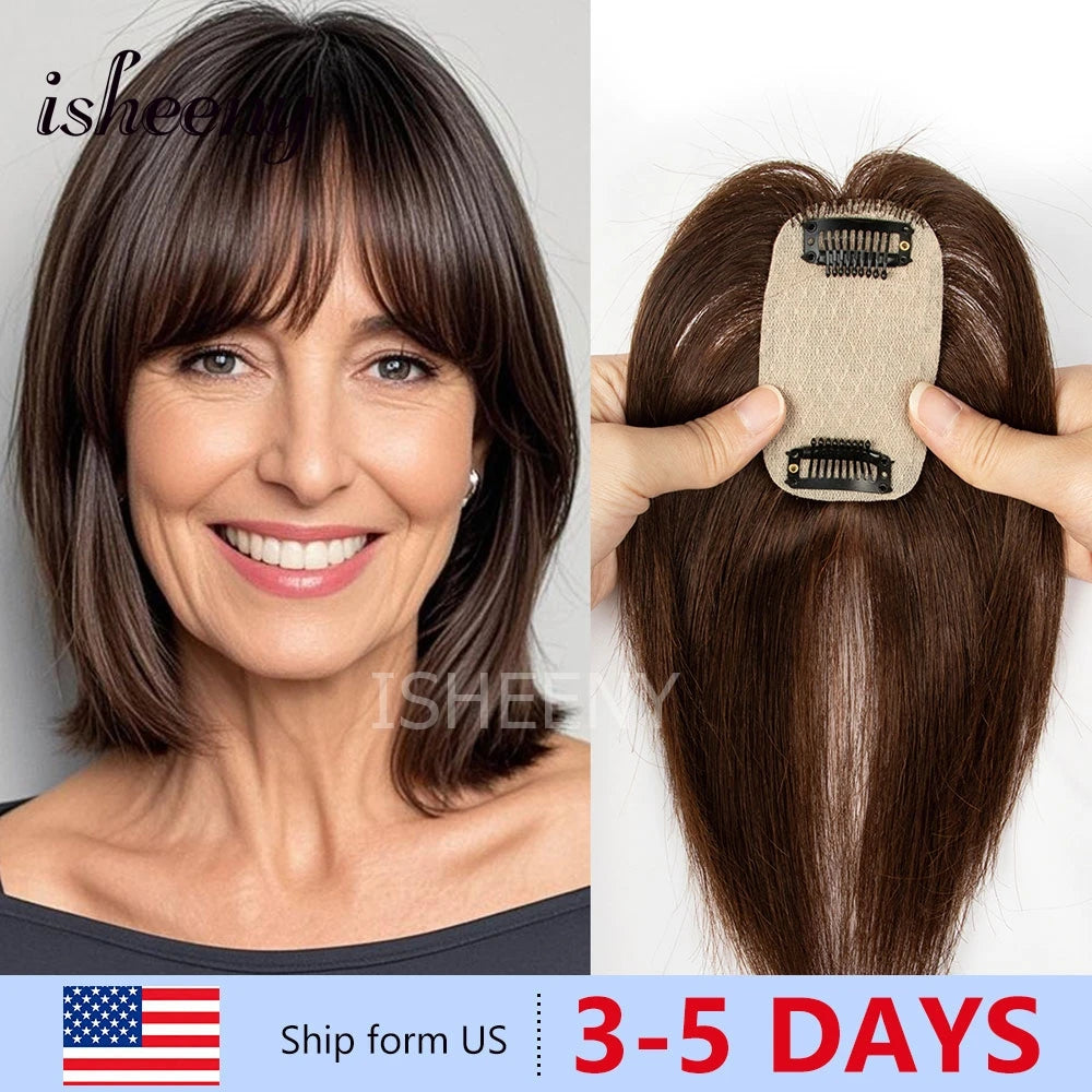 Human Hair Topper Hair Pieces 8-14 Inch Straight with Thinning Bangs