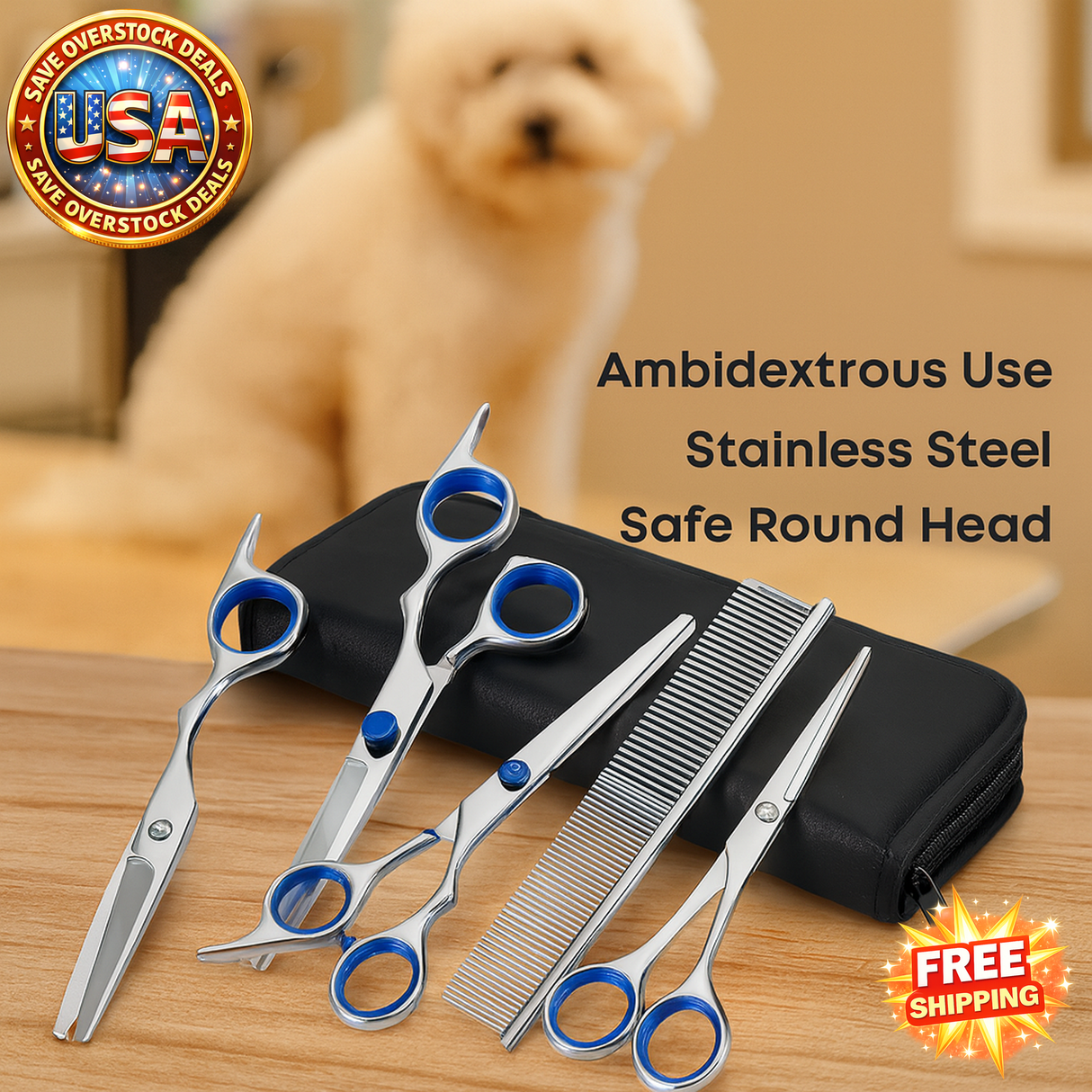 Pet Safe Scissors Set - 4pcs Stainless Steel Dog Grooming Shears