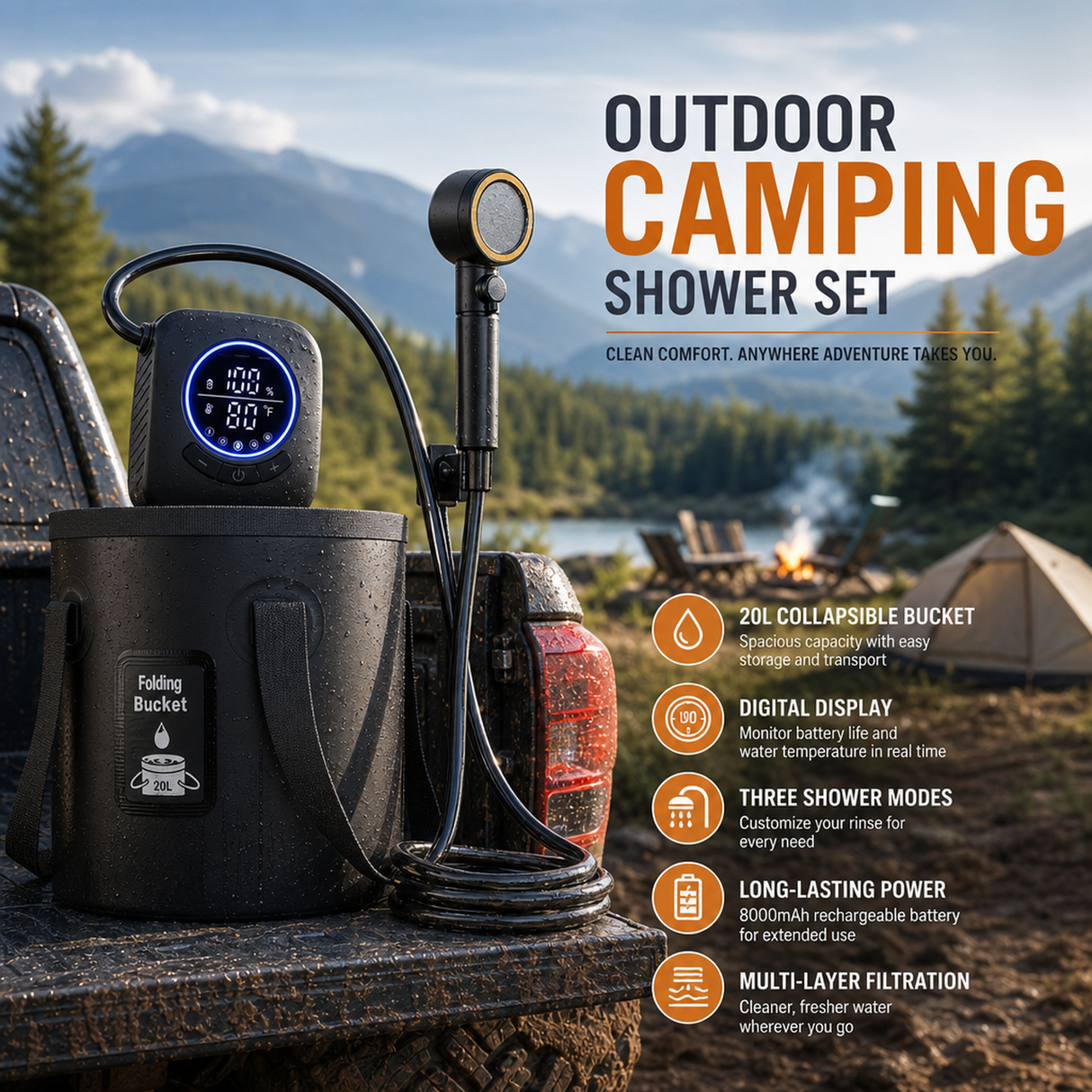 Portable Outdoor Camping Shower Set with 20L Bucket