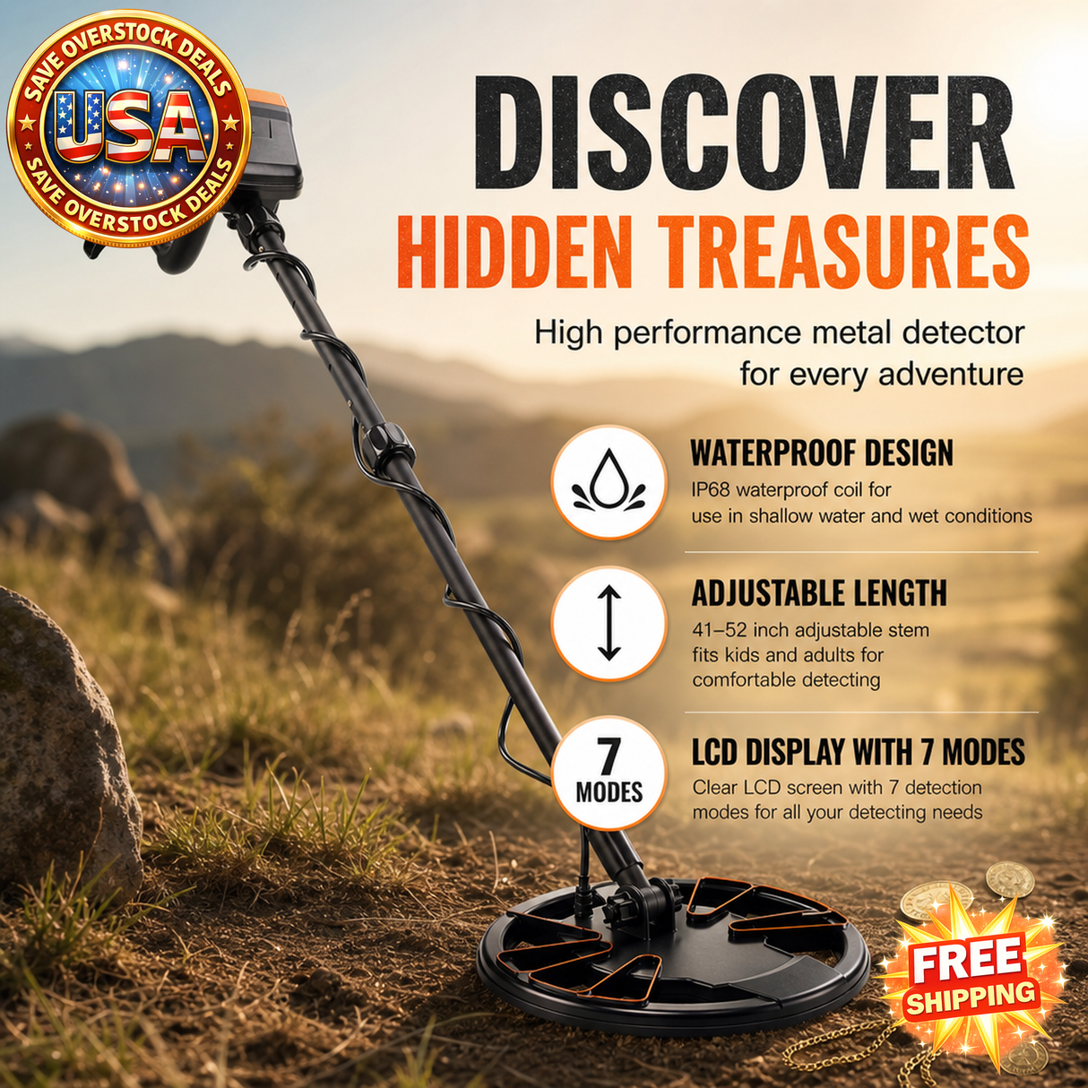 Metal Detector with 10-Inch Waterproof Coil and LCD Display, Adjustable Stem
