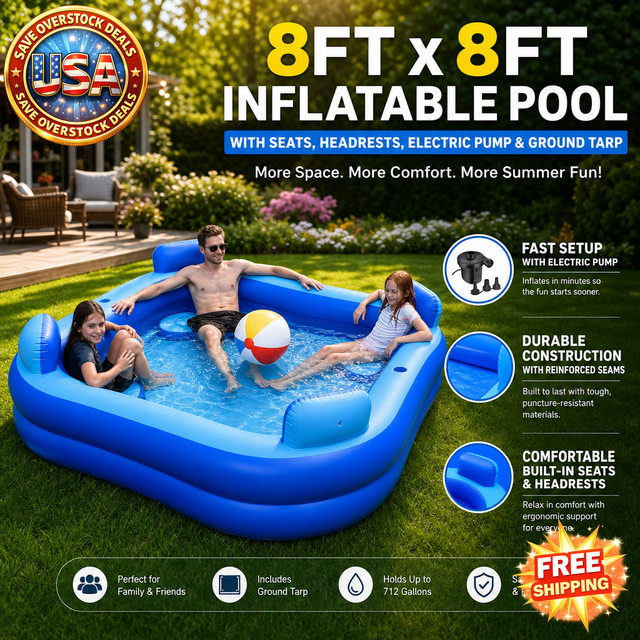 8ft x 8ft Inflatable Pool with Seats and Electric Pump