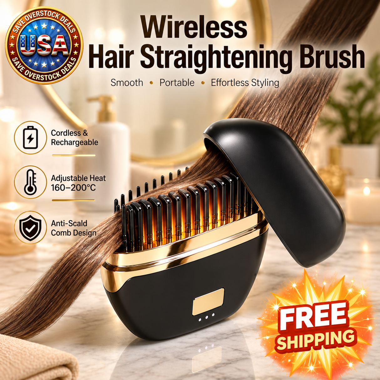 Wireless Mini Hair Straightener Brush, Rechargeable for Travel Gift